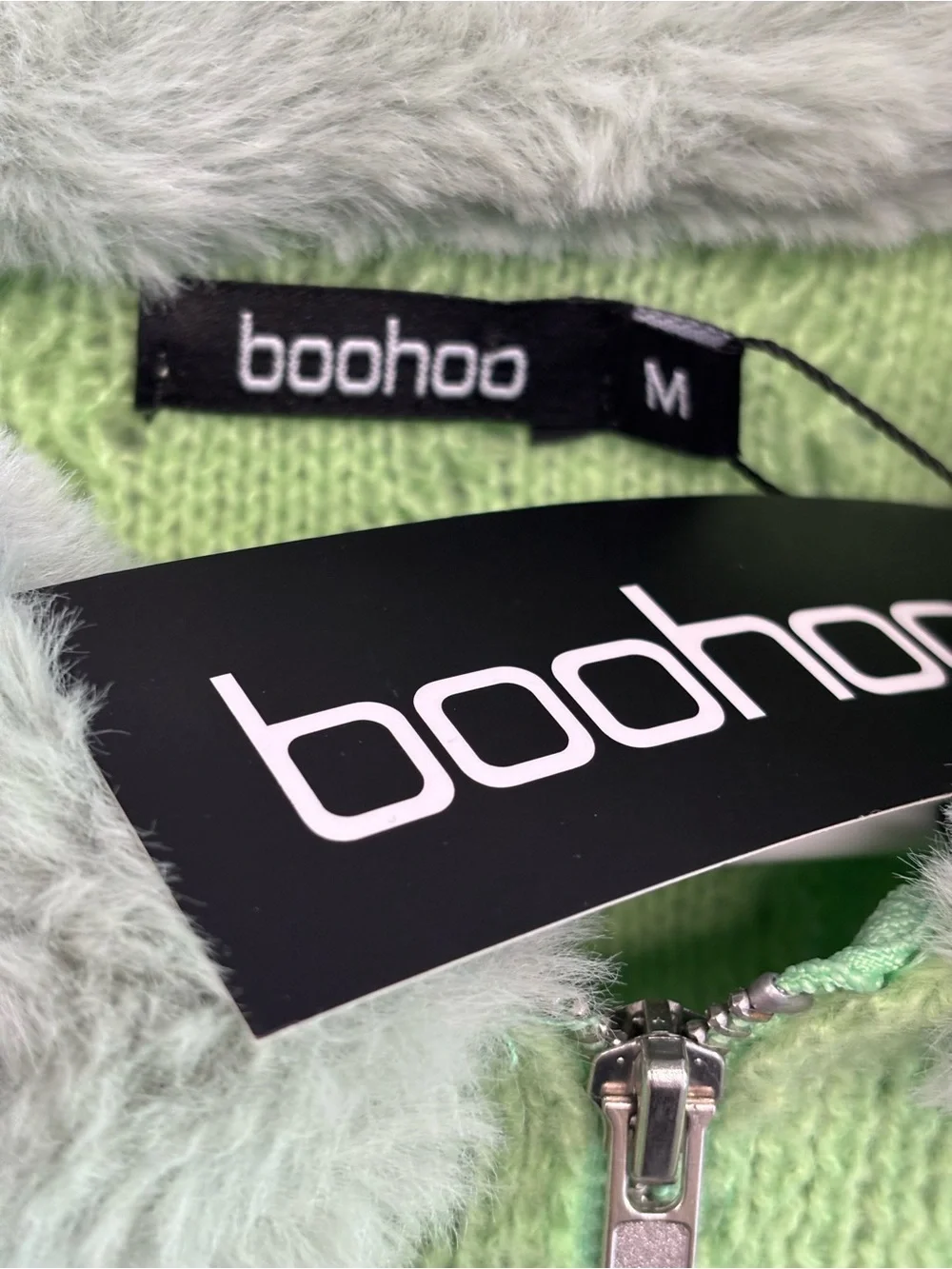 Boohoo Green Knit Zip Up Cardigan w/ Faux Fur Collar & Cuffs Size M Y2K NWT